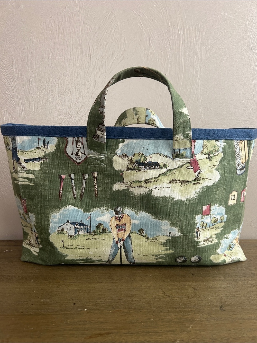 Vintage Handmade Toile Pattern Canvas Green Golf-Print Open Tote Bag. - Picture 2 of 10